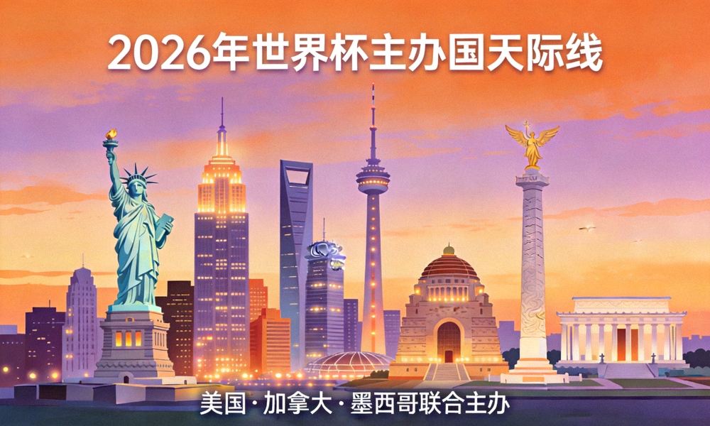 2026年世界杯三大主办国美国、加拿大、墨西哥的标志性城市天际线合成图